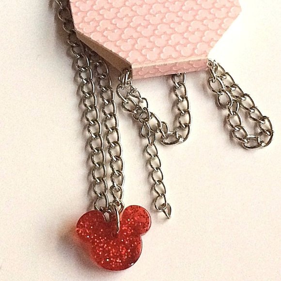 Silver Disney Mickey Mouse Ears Necklace 20" Walt Disneyana World Red Plated - Picture 1 of 9